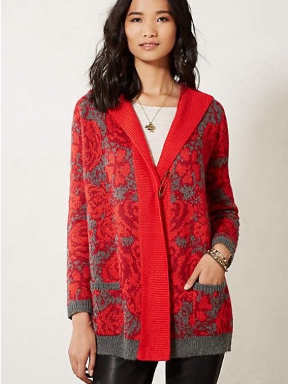 Anthropologie Red and Gray Open-Front Patterned Cardigan